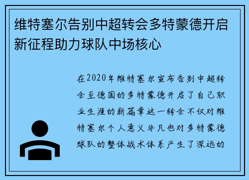 维特塞尔告别中超转会多特蒙德开启新征程助力球队中场核心 维特塞尔告别中超转会多特蒙德开启新征程助力球队中场核心